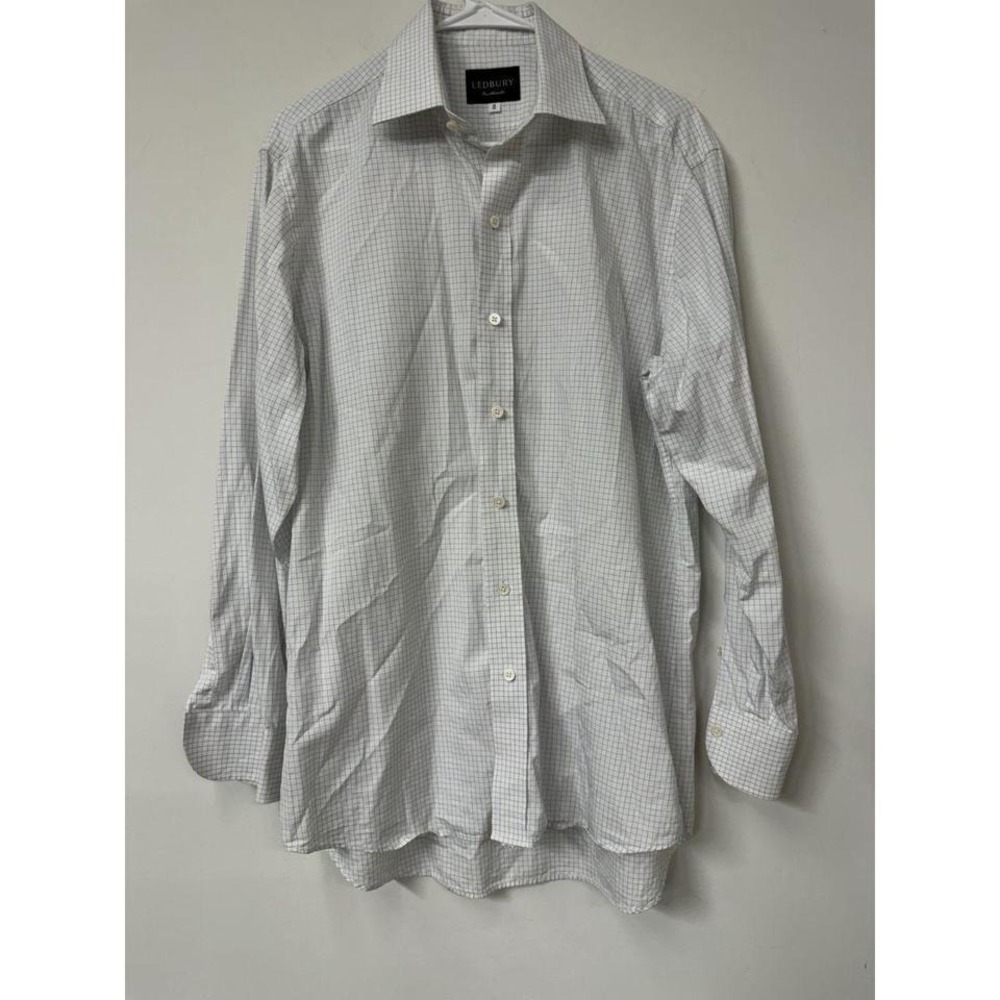 Ledbury Shirt Mens 16/34 White Blue Grid Classic Fit Long Sleeve Button Down